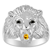 Rylos Lion Head Ring with Black Diamonds in Eyes & Gemstone in the Mouth  Fun Designer Sterling Silver Rings in Sizes 6-13