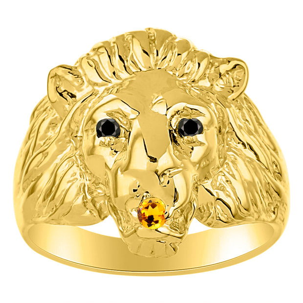 Rylos Men's 14K Yellow Gold Lion Head Ring with Black Diamond Eyes & Gemstone Mouth  Fun Designer Rings in Sizes 6-13