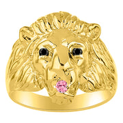 Rylos Lion Head Ring with Black Diamonds in Eyes & Gemstone in the Mouth  Fun Designer Yellow Gold Plated Silver Rings in Sizes 6-13