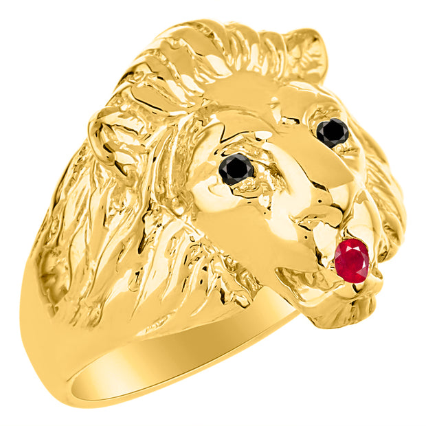 Rylos Men's 14K Yellow Gold Lion Head Ring with Black Diamond Eyes & Gemstone Mouth  Fun Designer Rings in Sizes 6-13