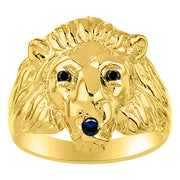 Rylos Lion Head Ring with Black Diamonds in Eyes & Gemstone in the Mouth  Fun Designer Yellow Gold Plated Silver Rings in Sizes 6-13