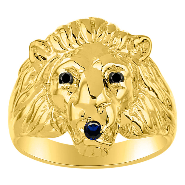 Rylos Men's 14K Yellow Gold Lion Head Ring with Black Diamond Eyes & Gemstone Mouth  Fun Designer Rings in Sizes 6-13