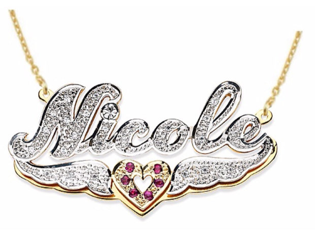 RYLOS Necklaces  For Women Gold Necklaces for Women & Men  White Gold or Yellow Gold Personalized 15MM Diamond 3D Shadow Double Nameplate Necklace Special Order, Made to Order 18 inch chain