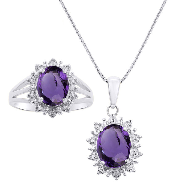 Rylos Women's 14K White Gold Princess Diana Ring & Pendant Necklace Set. Gemstone & Diamonds, 9X7MM Birthstone. 2 PC Perfectly Matched Gold Jewelry, Sizes 5-10