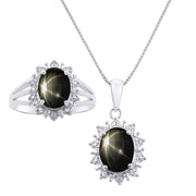 Rylos Women's Sterling Silver Princess Diana Ring & Pendant Set. Gemstone & Diamonds, 9X7MM Birthstone. Matching Friendship Jewelry, Sizes 5-10.