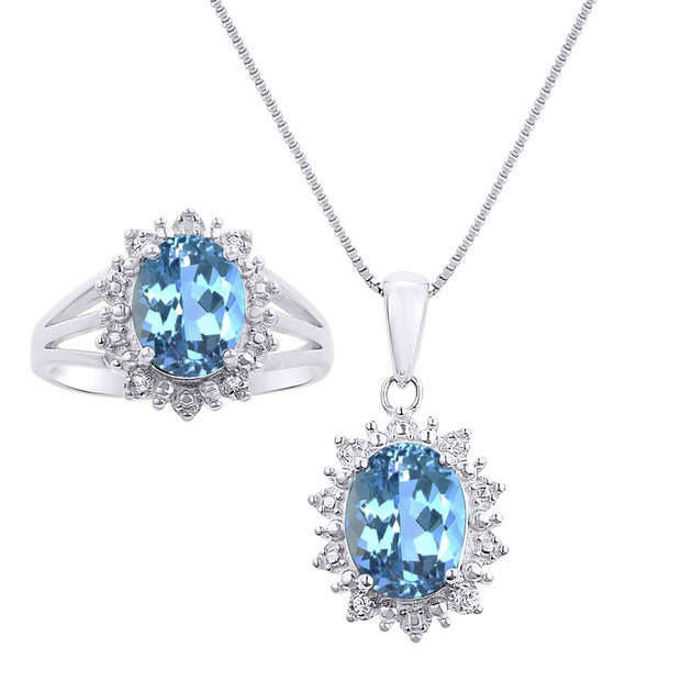 Rylos Women's Sterling Silver Princess Diana Ring & Pendant Set. Gemstone & Diamonds, 9X7MM Birthstone. Matching Friendship Jewelry, Sizes 5-10.