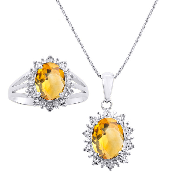 Rylos Women's 14K White Gold Princess Diana Ring & Pendant Necklace Set. Gemstone & Diamonds, 9X7MM Birthstone. 2 PC Perfectly Matched Gold Jewelry, Sizes 5-10