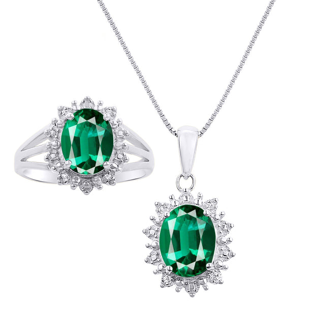 Rylos Women's 14K White Gold Princess Diana Ring & Pendant Necklace Set. Gemstone & Diamonds, 9X7MM Birthstone. 2 PC Perfectly Matched Gold Jewelry, Sizes 5-10