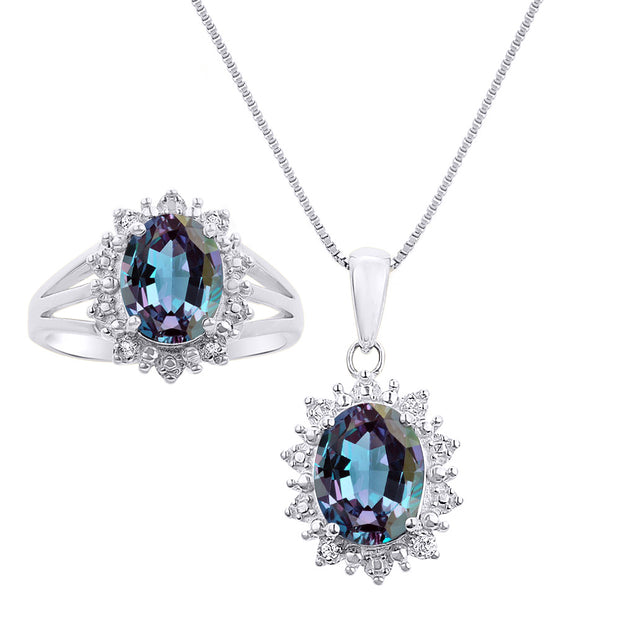 Rylos Women's Sterling Silver Princess Diana Ring & Pendant Set. Gemstone & Diamonds, 9X7MM Birthstone. Matching Friendship Jewelry, Sizes 5-10.