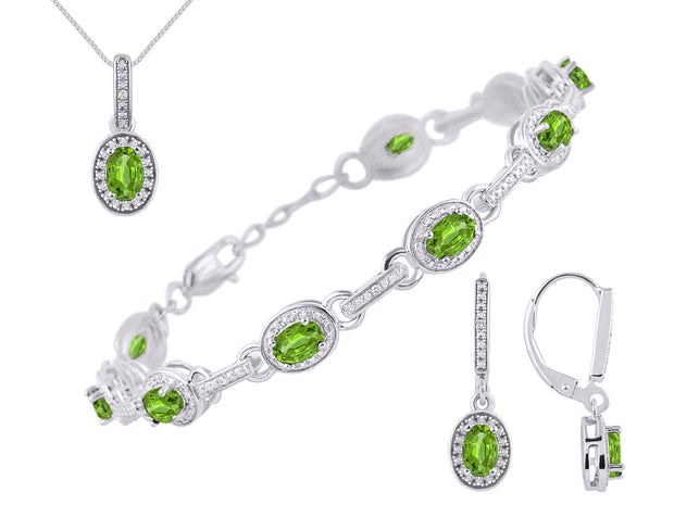 Rylos Matching Jewelry Set Designer Halo Birthstone: 6X4MM Gemstone & Diamonds, Sterling Silver. Tennis Bracelet, Earrings & Necklace. Adjustable 7"-8" Wrist, 18" Chain.