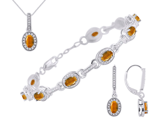 Rylos Matching Jewelry Set Designer Halo Birthstone: 6X4MM Gemstone & Diamonds, Sterling Silver. Tennis Bracelet, Earrings & Necklace. Adjustable 7"-8" Wrist, 18" Chain.