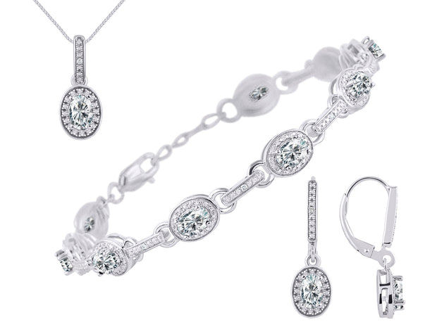 Rylos Matching Jewelry Set Designer Halo Birthstone: 6X4MM Gemstone & Diamonds, Sterling Silver. Tennis Bracelet, Earrings & Necklace. Adjustable 7"-8" Wrist, 18" Chain.