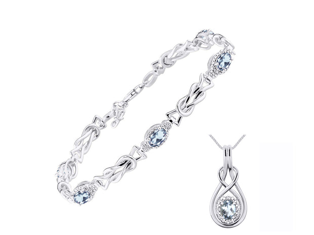 Rylos Matching Jewelry Sterling Silver Love Knot Set: Tennis Bracelet & Pendant Necklace. Gemstone & Diamonds, 7"-8" Adjustable Wrist, 18" Chain. 9X7MM & 7X5MM Birthstone Jewelry