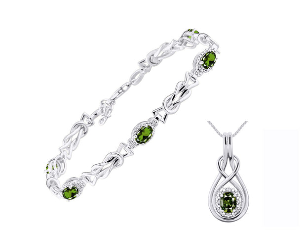 Rylos Matching Jewelry Sterling Silver Love Knot Set: Tennis Bracelet & Pendant Necklace. Gemstone & Diamonds, 7"-8" Adjustable Wrist, 18" Chain. 9X7MM & 7X5MM Birthstone Jewelry