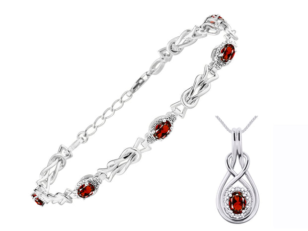 Rylos Matching Jewelry Sterling Silver Love Knot Set: Tennis Bracelet & Pendant Necklace. Gemstone & Diamonds, 7"-8" Adjustable Wrist, 18" Chain. 9X7MM & 7X5MM Birthstone Jewelry