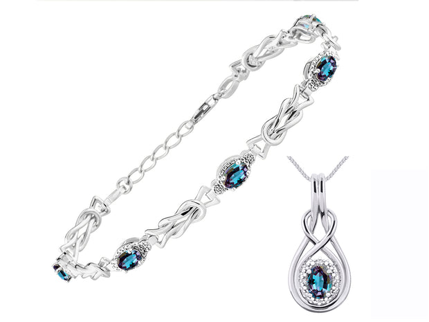 Rylos Matching Jewelry Sterling Silver Love Knot Set: Tennis Bracelet & Pendant Necklace. Gemstone & Diamonds, 7"-8" Adjustable Wrist, 18" Chain. 9X7MM & 7X5MM Birthstone Jewelry