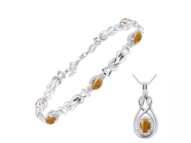 Rylos Matching Jewelry Sterling Silver Love Knot Set: Tennis Bracelet & Pendant Necklace. Gemstone & Diamonds, 7"-8" Adjustable Wrist, 18" Chain. 9X7MM & 7X5MM Birthstone Jewelry