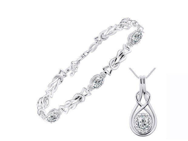 Rylos Matching Jewelry Sterling Silver Love Knot Set: Tennis Bracelet & Pendant Necklace. Gemstone & Diamonds, 7"-8" Adjustable Wrist, 18" Chain. 9X7MM & 7X5MM Birthstone Jewelry