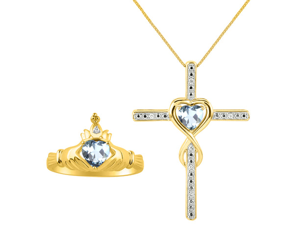 Rylos Matching Jewelry 14K Yellow Gold Claddagh Friendship Ring & Cross Necklace with 18" Chain. Heart 6X4MM Gemstone & Diamonds; Sizes 5-10