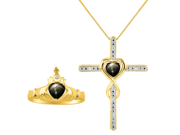 Rylos Matching Jewelry 14K Yellow Gold Claddagh Friendship Ring & Cross Necklace with 18" Chain. Heart 6X4MM Gemstone & Diamonds; Sizes 5-10