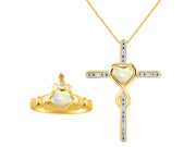 Rylos Matching Jewelry 14K Yellow Gold Claddagh Friendship Ring & Cross Necklace with 18" Chain. Heart 6X4MM Gemstone & Diamonds; Sizes 5-10