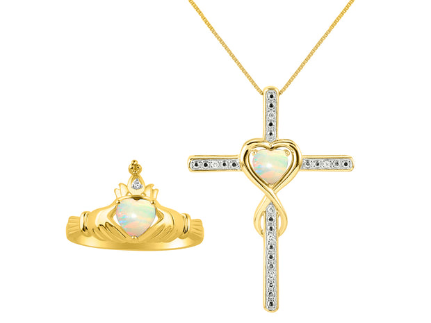 Rylos Matching Jewelry 14K Yellow Gold Claddagh Friendship Ring & Cross Necklace with 18" Chain. Heart 6X4MM Gemstone & Diamonds; Sizes 5-10