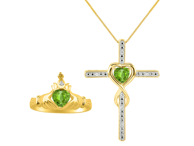 Rylos Matching Jewelry 14K Yellow Gold Claddagh Friendship Ring & Cross Necklace with 18" Chain. Heart 6X4MM Gemstone & Diamonds; Sizes 5-10