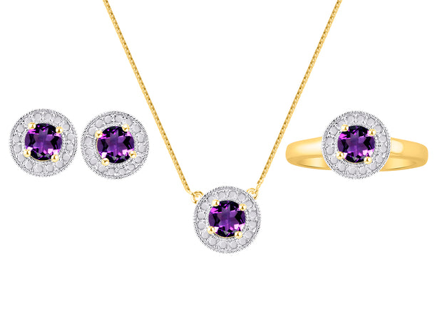 Rylos Halo Designer Matching Set Yellow Gold Plated Silver: Ring, Earring & Pendant Necklace. Gemstone & Diamonds, 4MM Birthstone; Sizes 5-10.