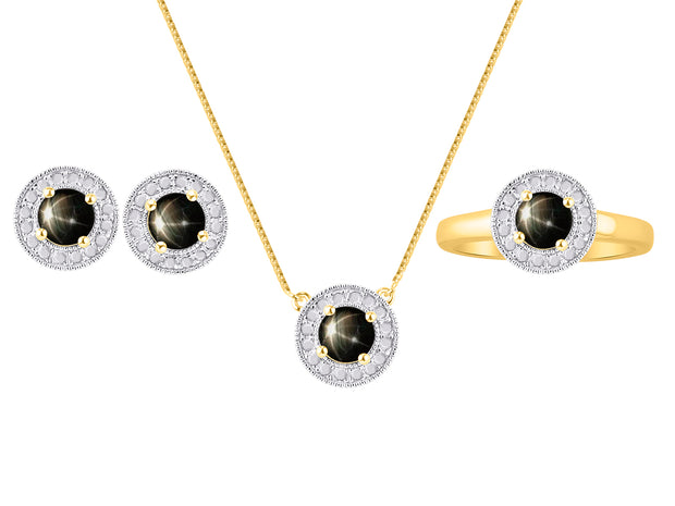 Rylos Halo Designer Matching Set Yellow Gold Plated Silver: Ring, Earring & Pendant Necklace. Gemstone & Diamonds, 4MM Birthstone; Sizes 5-10.