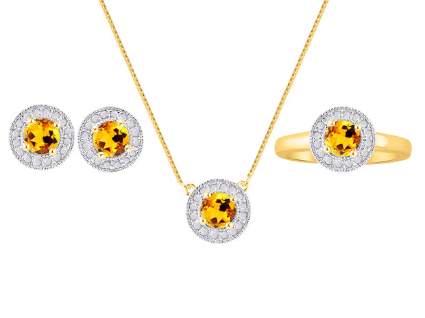 Rylos Halo Designer Matching Set Yellow Gold Plated Silver: Ring, Earring & Pendant Necklace. Gemstone & Diamonds, 4MM Birthstone; Sizes 5-10.