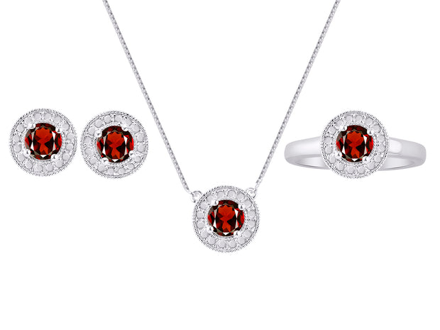 Rylos Halo Designer Matching Set Sterling Silver: Ring, Earring & Pendant Necklace. Gemstone & Diamonds, 4MM Birthstone; Sizes 5-10.