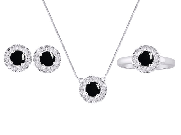 Rylos Halo Designer Matching Set Sterling Silver: Ring, Earring & Pendant Necklace. Gemstone & Diamonds, 4MM Birthstone; Sizes 5-10.