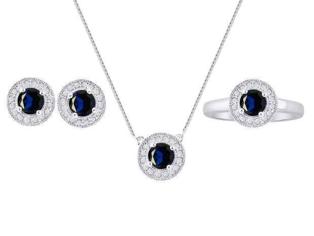 Rylos Halo Designer Matching Set Sterling Silver: Ring, Earring & Pendant Necklace. Gemstone & Diamonds, 4MM Birthstone; Sizes 5-10.