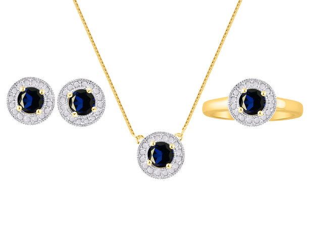 Rylos Halo Designer Matching Set Yellow Gold Plated Silver: Ring, Earring & Pendant Necklace. Gemstone & Diamonds, 4MM Birthstone; Sizes 5-10.