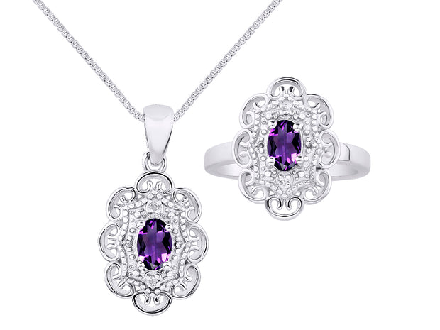 Rylos Matching Set 14K White Gold Floral Pattern Halo Pendant Necklace & Ring. Gemstone & Diamonds, 18" Chain. 6X4MM Birthstone; Sizes 5-10.