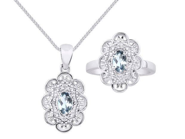 Rylos Matching Set 14K White Gold Floral Pattern Halo Pendant Necklace & Ring. Gemstone & Diamonds, 18" Chain. 6X4MM Birthstone; Sizes 5-10.