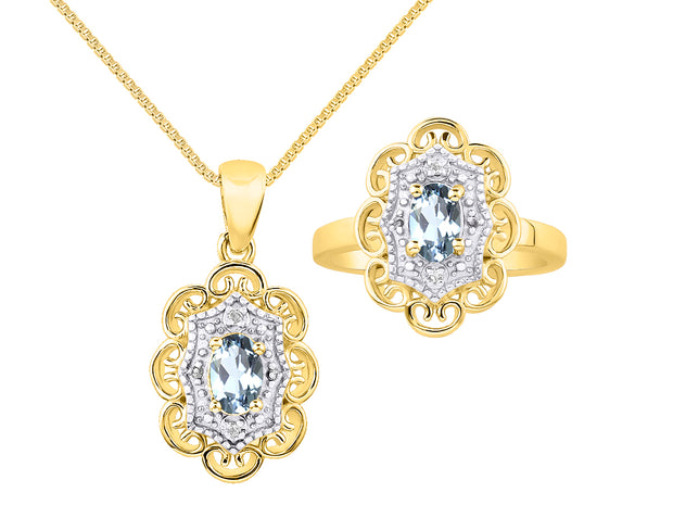 Rylos Matching Set 14K Yellow Gold Floral Pattern Halo Pendant Necklace & Ring. Gemstone & Diamonds, 18" Chain. 6X4MM Birthstone; Sizes 5-10