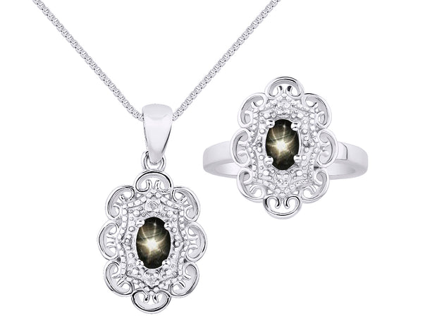 Rylos Matching Set 14K White Gold Floral Pattern Halo Pendant Necklace & Ring. Gemstone & Diamonds, 18" Chain. 6X4MM Birthstone; Sizes 5-10.