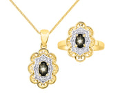 Rylos Matching Set 14K Yellow Gold Floral Pattern Halo Pendant Necklace & Ring. Gemstone & Diamonds, 18" Chain. 6X4MM Birthstone; Sizes 5-10