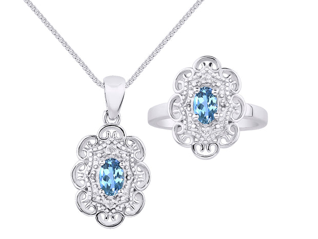 Rylos Matching Set 14K White Gold Floral Pattern Halo Pendant Necklace & Ring. Gemstone & Diamonds, 18" Chain. 6X4MM Birthstone; Sizes 5-10.