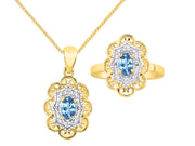 Rylos Matching Set 14K Yellow Gold Floral Pattern Halo Pendant Necklace & Ring. Gemstone & Diamonds, 18" Chain. 6X4MM Birthstone; Sizes 5-10