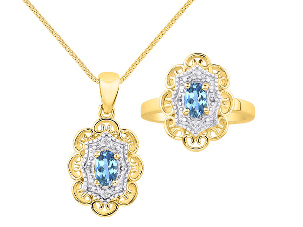 Rylos Matching Set 14K Yellow Gold Floral Pattern Halo Pendant Necklace & Ring. Gemstone & Diamonds, 18" Chain. 6X4MM Birthstone; Sizes 5-10