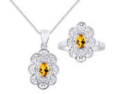 Rylos Matching Set 14K White Gold Floral Pattern Halo Pendant Necklace & Ring. Gemstone & Diamonds, 18" Chain. 6X4MM Birthstone; Sizes 5-10.