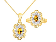 Rylos Matching Set 14K Yellow Gold Floral Pattern Halo Pendant Necklace & Ring. Gemstone & Diamonds, 18" Chain. 6X4MM Birthstone; Sizes 5-10