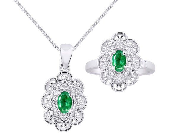 Rylos Matching Set 14K White Gold Floral Pattern Halo Pendant Necklace & Ring. Gemstone & Diamonds, 18" Chain. 6X4MM Birthstone; Sizes 5-10.