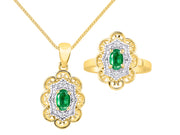 Rylos Matching Set 14K Yellow Gold Floral Pattern Halo Pendant Necklace & Ring. Gemstone & Diamonds, 18" Chain. 6X4MM Birthstone; Sizes 5-10