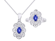 Rylos Matching Set 14K White Gold Floral Pattern Halo Pendant Necklace & Ring. Gemstone & Diamonds, 18" Chain. 6X4MM Birthstone; Sizes 5-10.