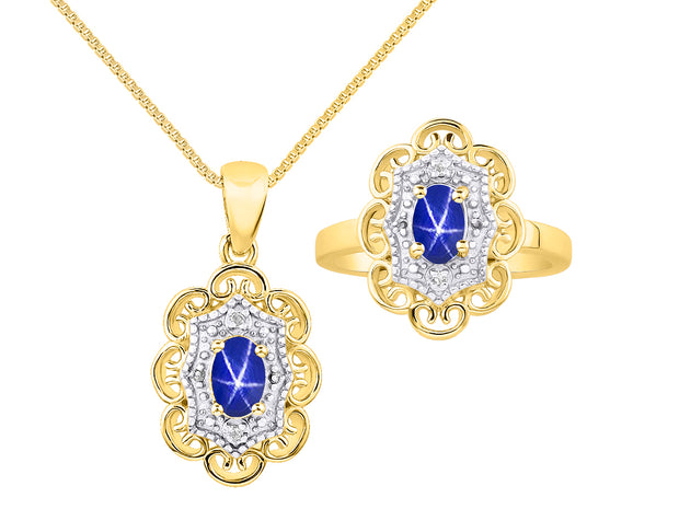 Rylos Matching Set 14K Yellow Gold Floral Pattern Halo Pendant Necklace & Ring. Gemstone & Diamonds, 18" Chain. 6X4MM Birthstone; Sizes 5-10