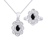 Rylos Matching Set 14K White Gold Floral Pattern Halo Pendant Necklace & Ring. Gemstone & Diamonds, 18" Chain. 6X4MM Birthstone; Sizes 5-10.