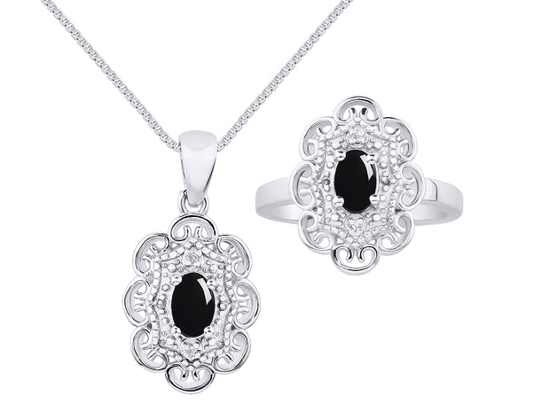 Rylos Matching Set 14K White Gold Floral Pattern Halo Pendant Necklace & Ring. Gemstone & Diamonds, 18" Chain. 6X4MM Birthstone; Sizes 5-10.